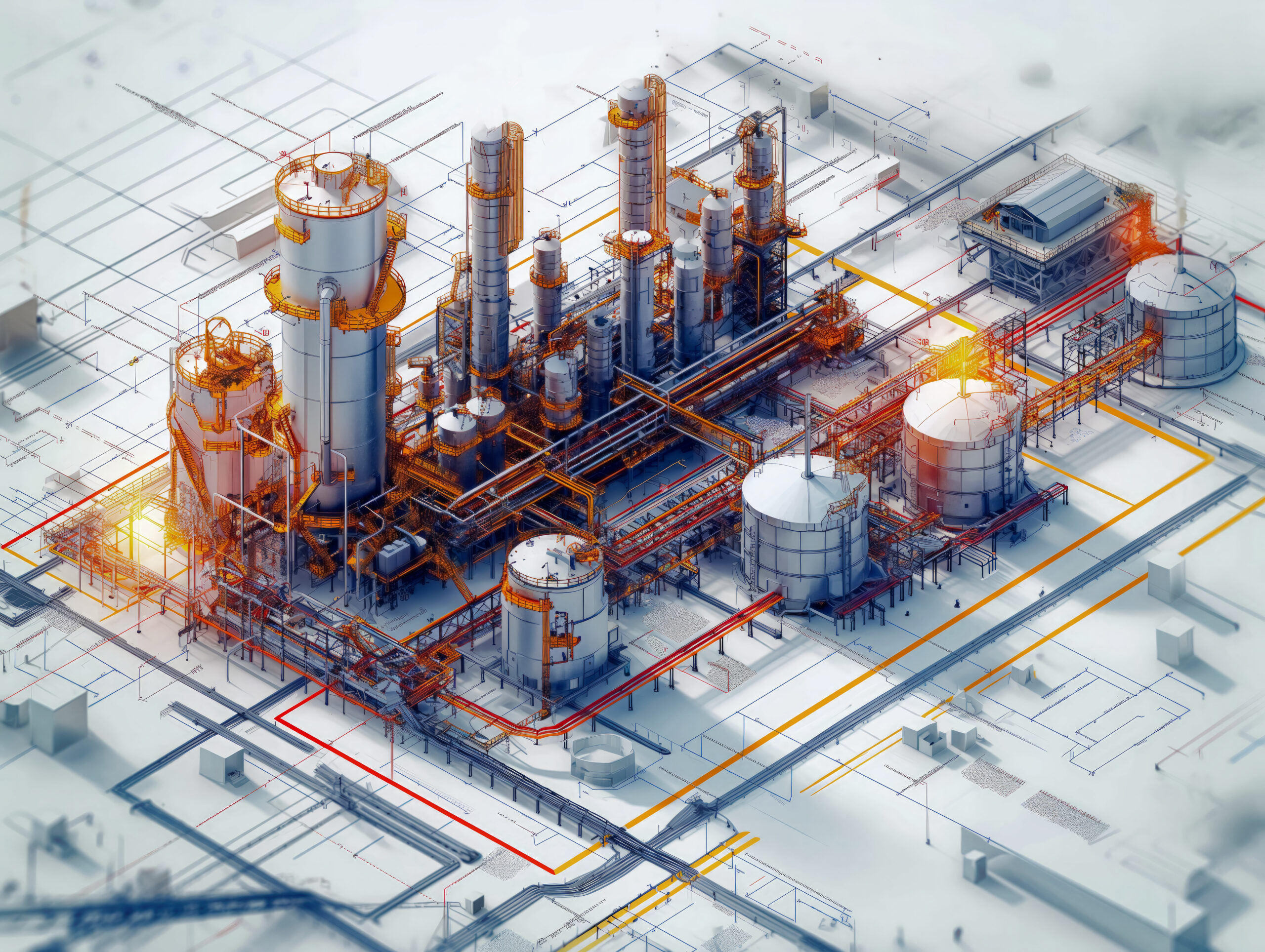A large industrial plant with many tanks and pipes. The image is a computer generated rendering of the plant