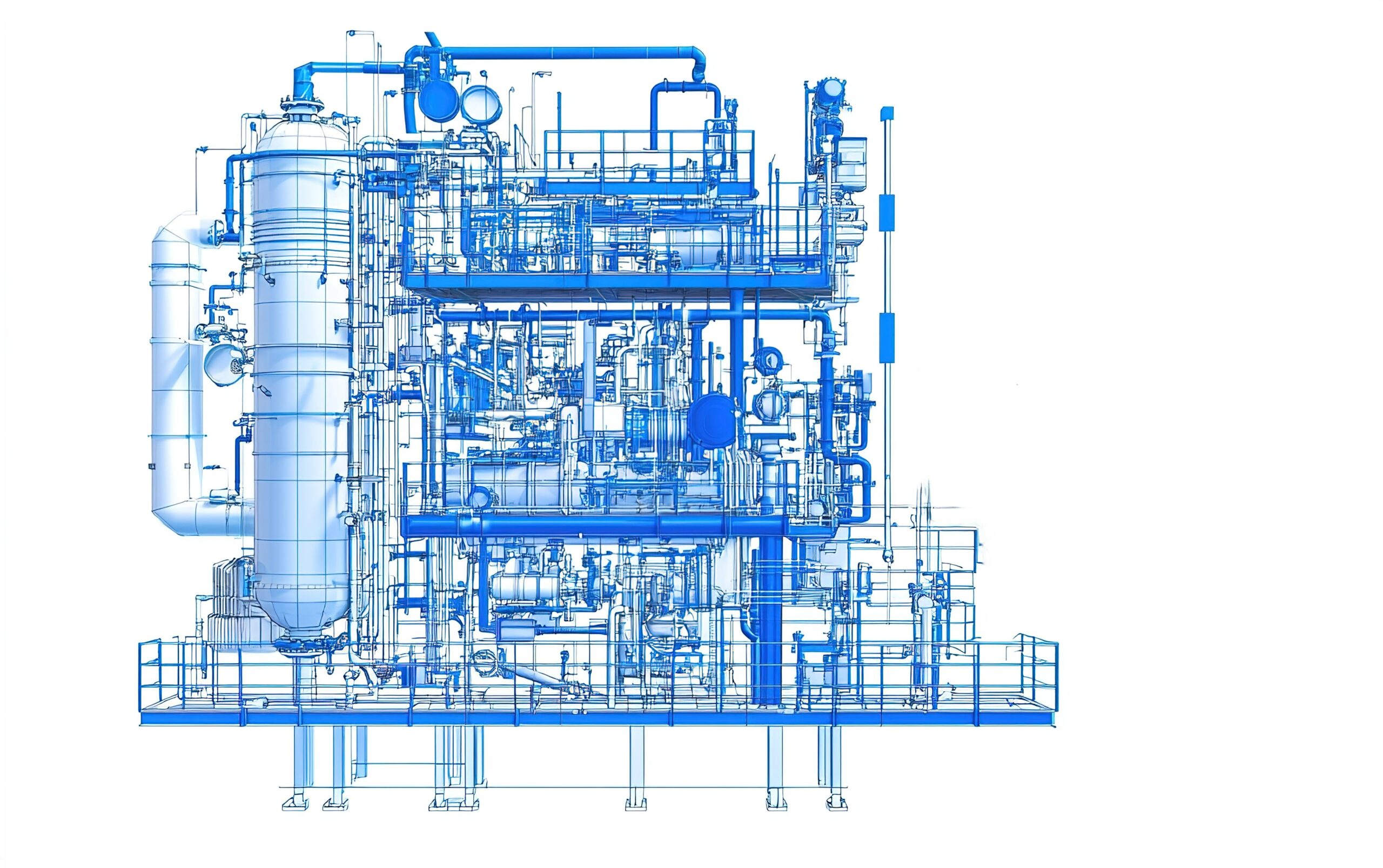 This blueprint illustrates intricate piping and machinery components within an industrial setting, emphasizing design and structural details crucial for operation.