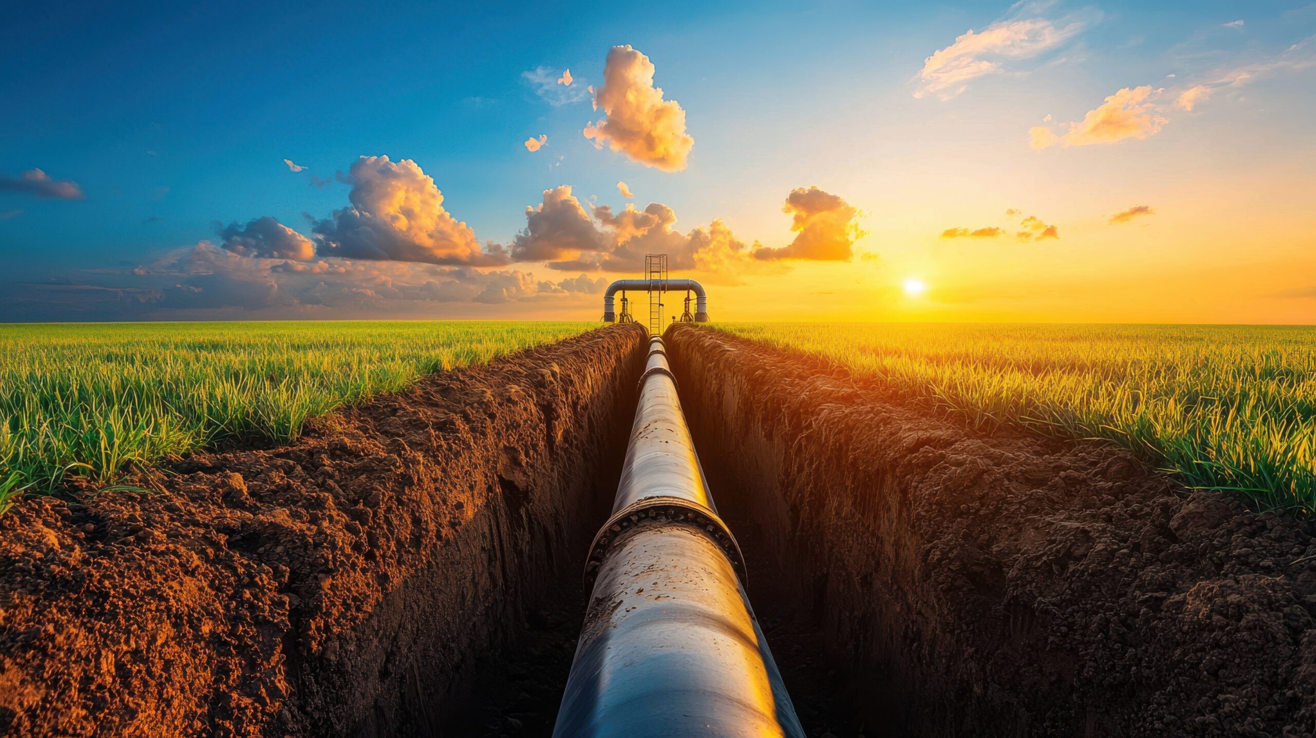 A pipeline stretches through a field under a vibrant sunset, symbolizing energy transportation and agricultural development.